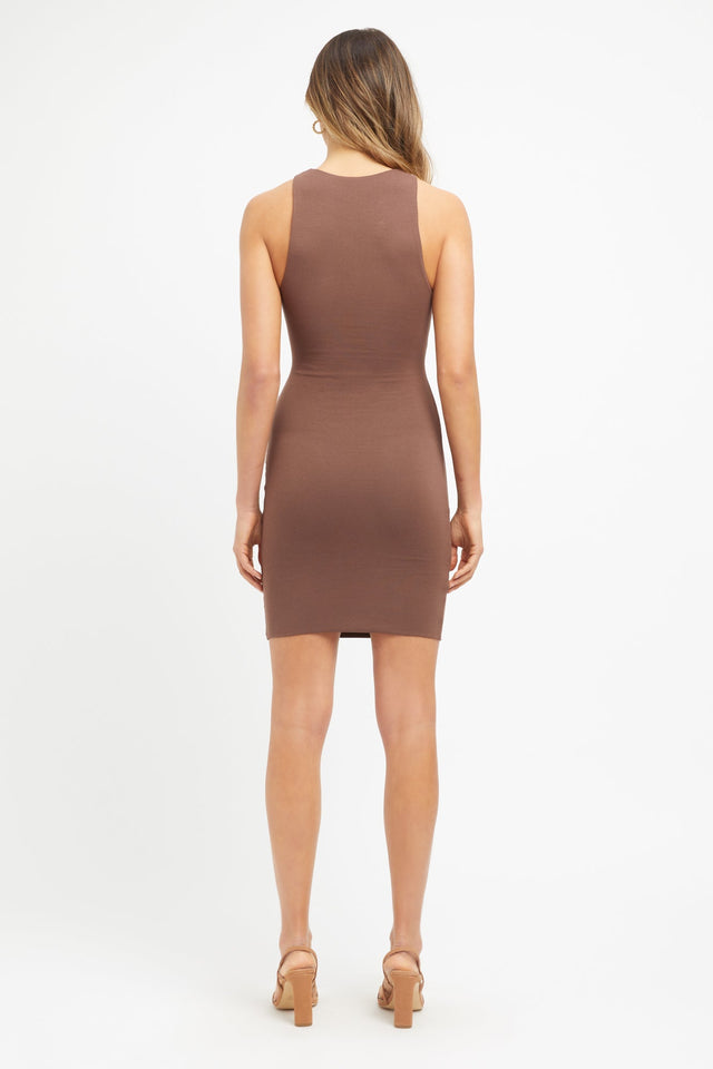 front Rowen Mini Dress Kookai Bodycon Mini Fitted Roundneck brown womens-dresses 