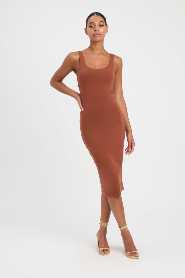 product Larissa Midi Dress Kookai Straight Knee length Fitted Scoopneck brown womens-dresses 
