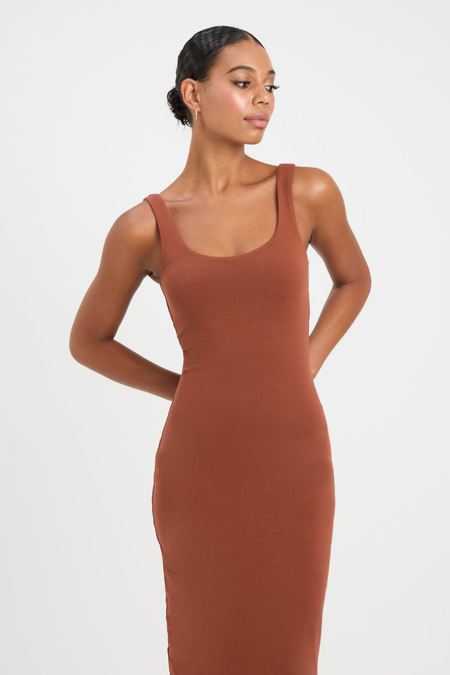 product Larissa Midi Dress Kookai Straight Knee length Fitted Scoopneck brown womens-dresses 