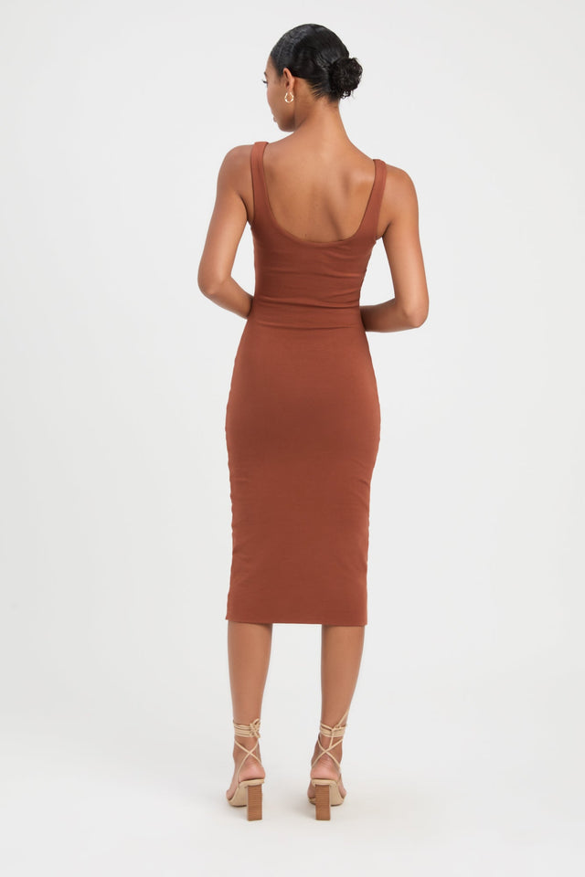 front Larissa Midi Dress Kookai Straight Knee length Fitted Scoopneck brown womens-dresses 