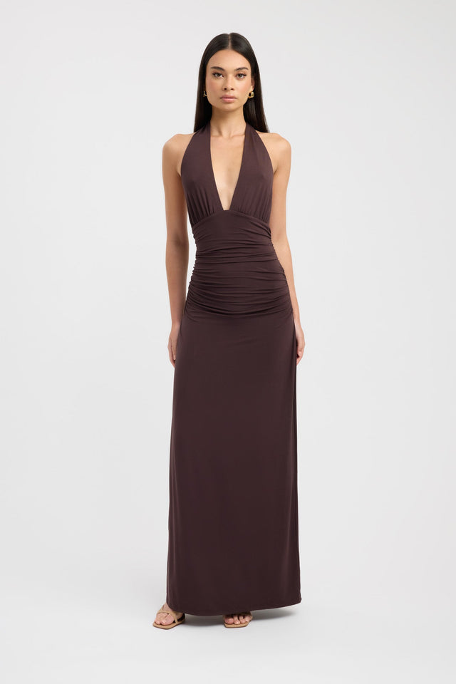 front Leni Maxi Dress Kookai Bodycon Maxi Fitted Plungeneck brown womens-dresses 