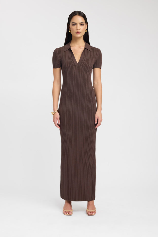 side Adriana Polo Dress Kookai Straight Maxi Fitted V-neck brown womens-dresses 