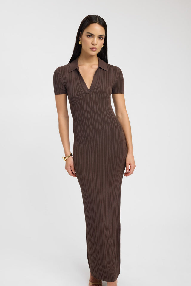 front Adriana Polo Dress Kookai Straight Maxi Fitted V-neck brown womens-dresses 