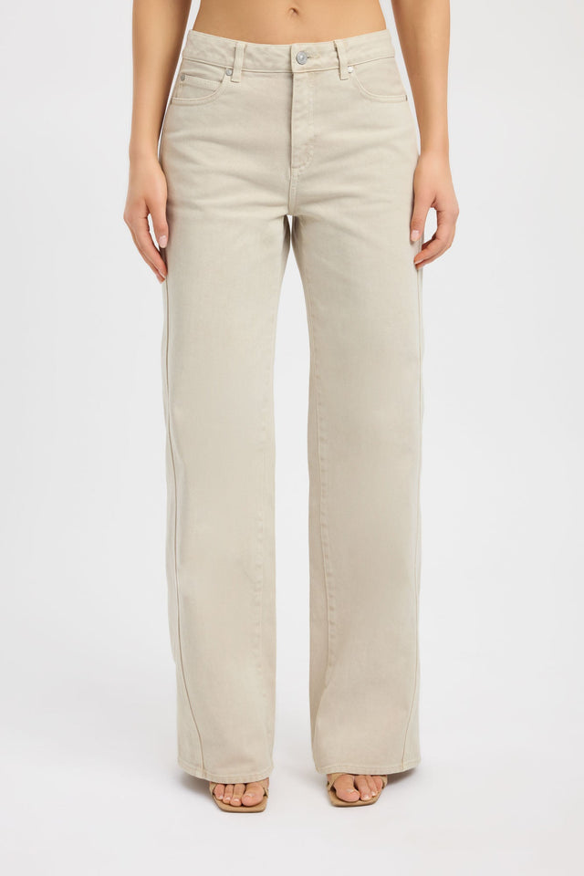 Presenting the Saxon Seam Jean womens-regular-pants in wide-leg high-rise beige on-body