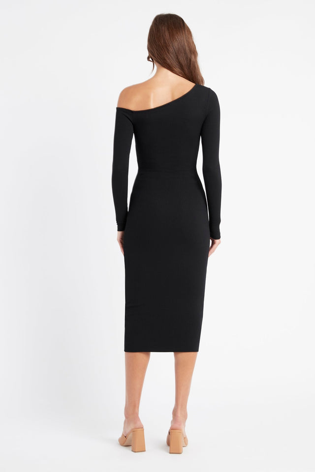 front Kara One Shoulder Midi Dress Kookai Bodycon Midi Fitted Asymmetry black womens-dresses 