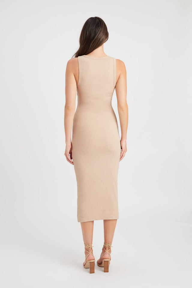 front Icon Midi Dress Kookai Bodycon Midi Fitted Scoopneck beige womens-dresses 