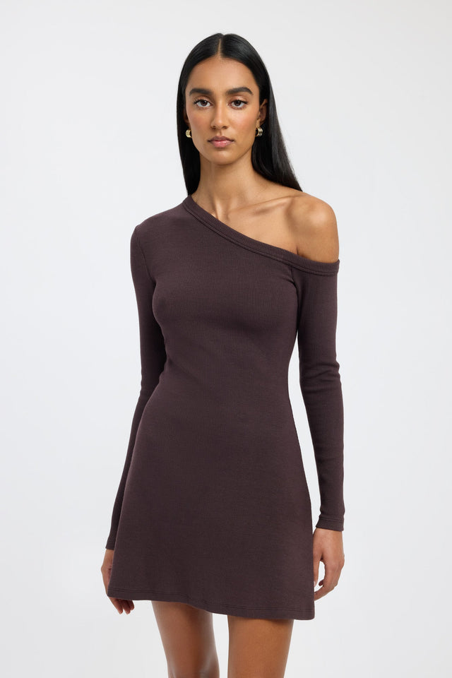 front Tampa Long Sleeve Mini Dress Kookai Bodycon Mini Fitted Asymmetry brown womens-dresses 
