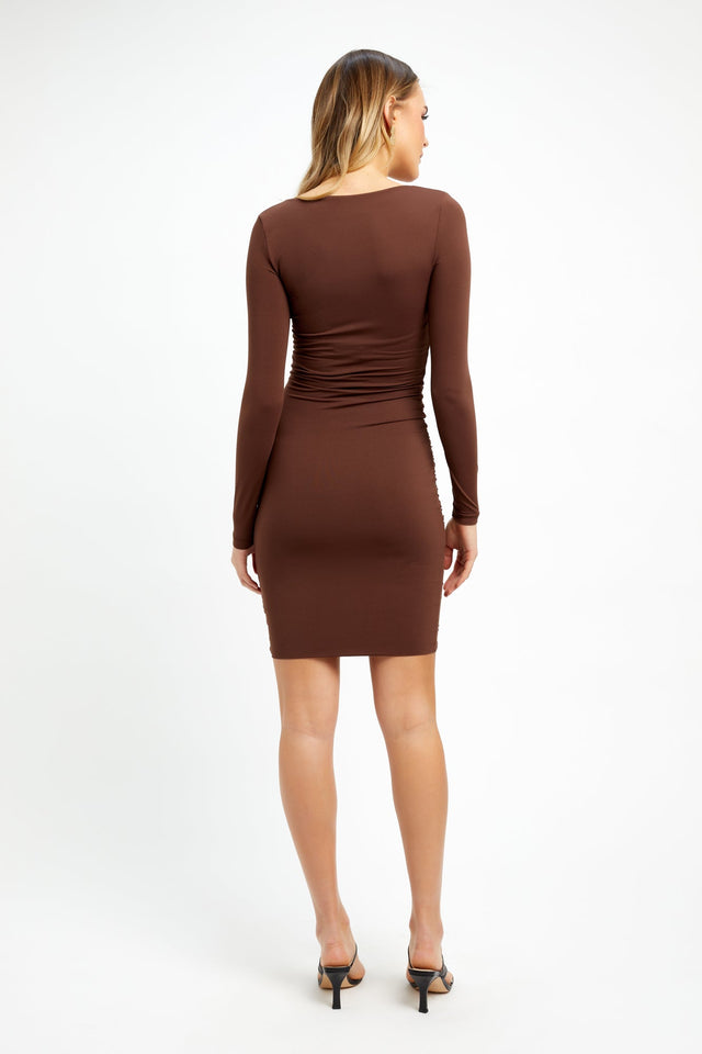 front Jolie Mini Dress Kookai Bodycon Mini Fitted V-neck brown womens-dresses 