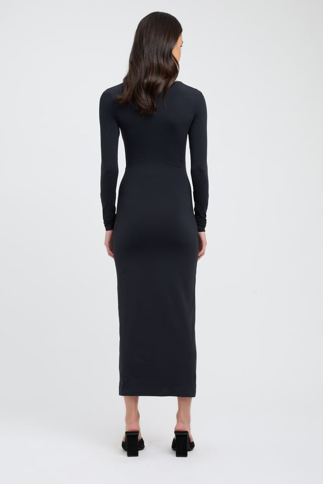 front Kasia Dress Kookai Bodycon Midi Fitted V-neck black womens-dresses 