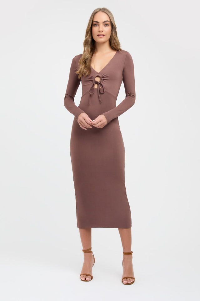 product Kasia Dress Kookai Bodycon Midi Fitted V-neck brown womens-dresses 