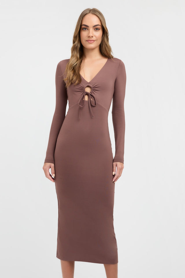 product Kasia Dress Kookai Bodycon Midi Fitted V-neck brown womens-dresses 
