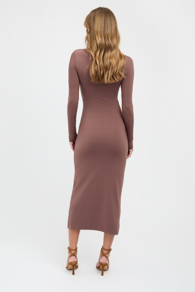 front Kasia Dress Kookai Bodycon Midi Fitted V-neck brown womens-dresses 