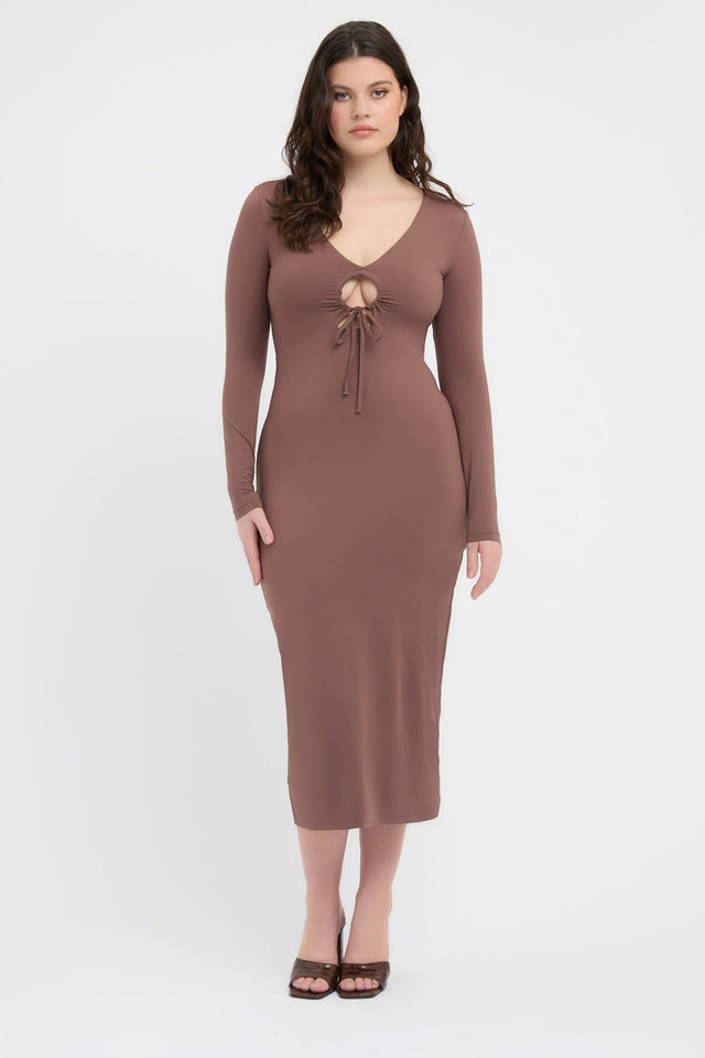 product Kasia Dress Kookai Bodycon Midi Fitted V-neck brown womens-dresses 
