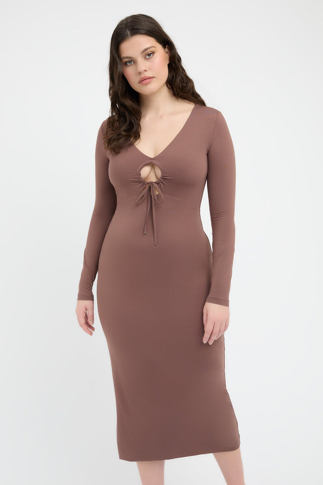product Kasia Dress Kookai Bodycon Midi Fitted V-neck brown womens-dresses 
