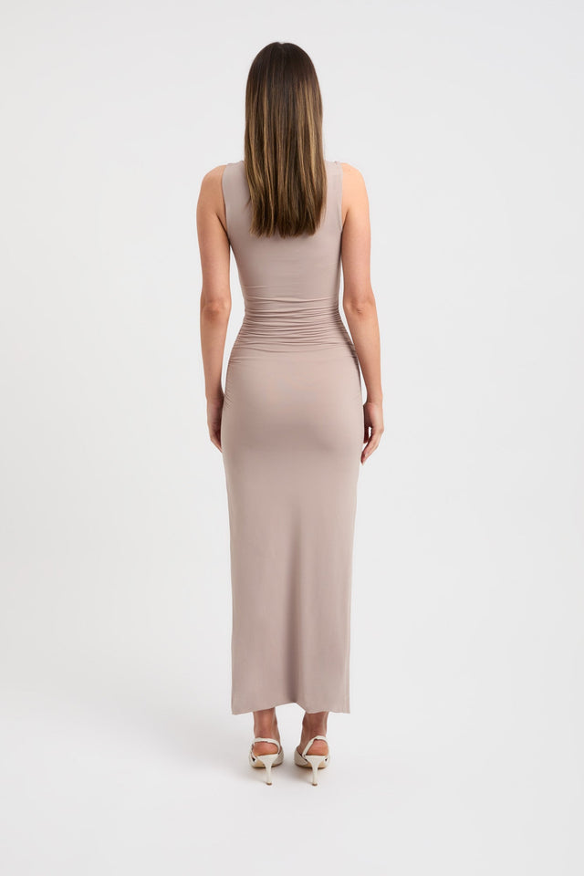 front Estelle Midi Dress Kookai Bodycon Maxi Fitted Highneck white womens-dresses 