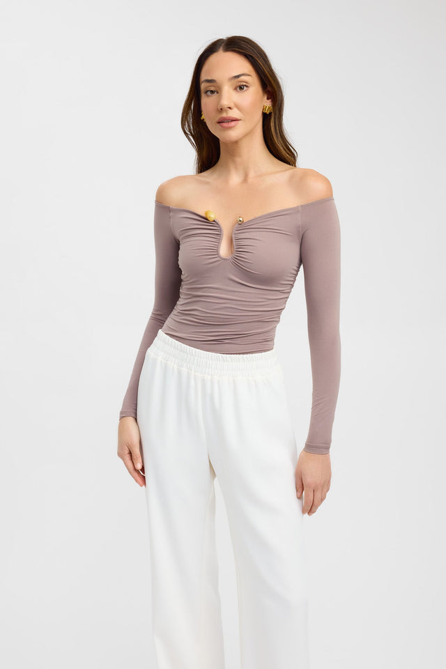 side Tayla Trim Long Sleeve Top Kookai Fitted Plungeneck Long sleeve Womens-Blouse 