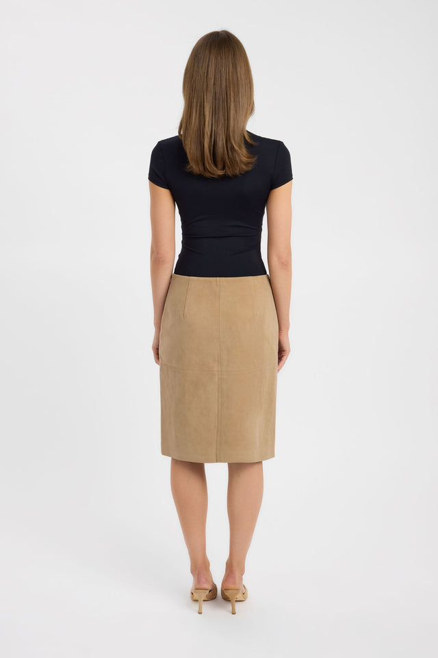 Featuring the Dylan Midi Skirt in womens-skirts with straight hem, knee length, and tan colour back