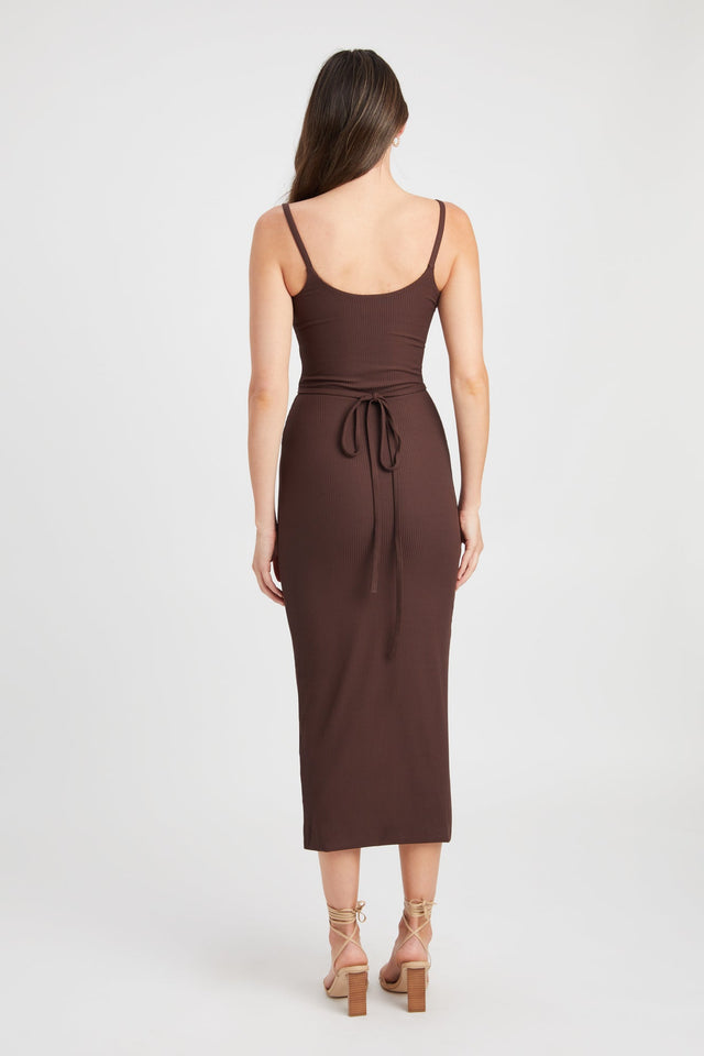 front Hanson Midi Dress Kookai Straight Midi Fitted Scoopneck brown womens-dresses 