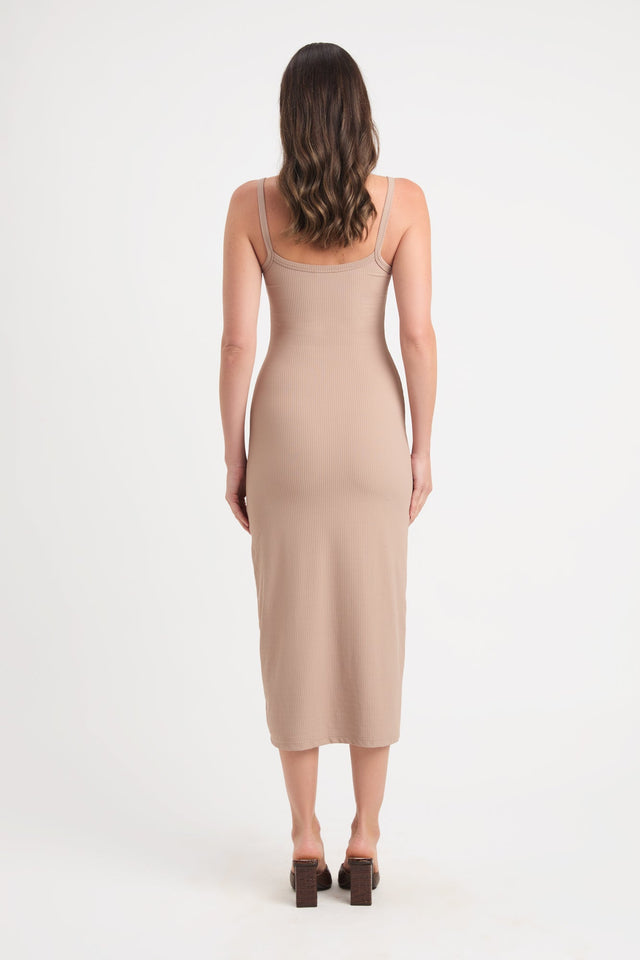 front Ellery Midi Dress Kookai Straight Midi Fitted Sweetheart beige womens-dresses 