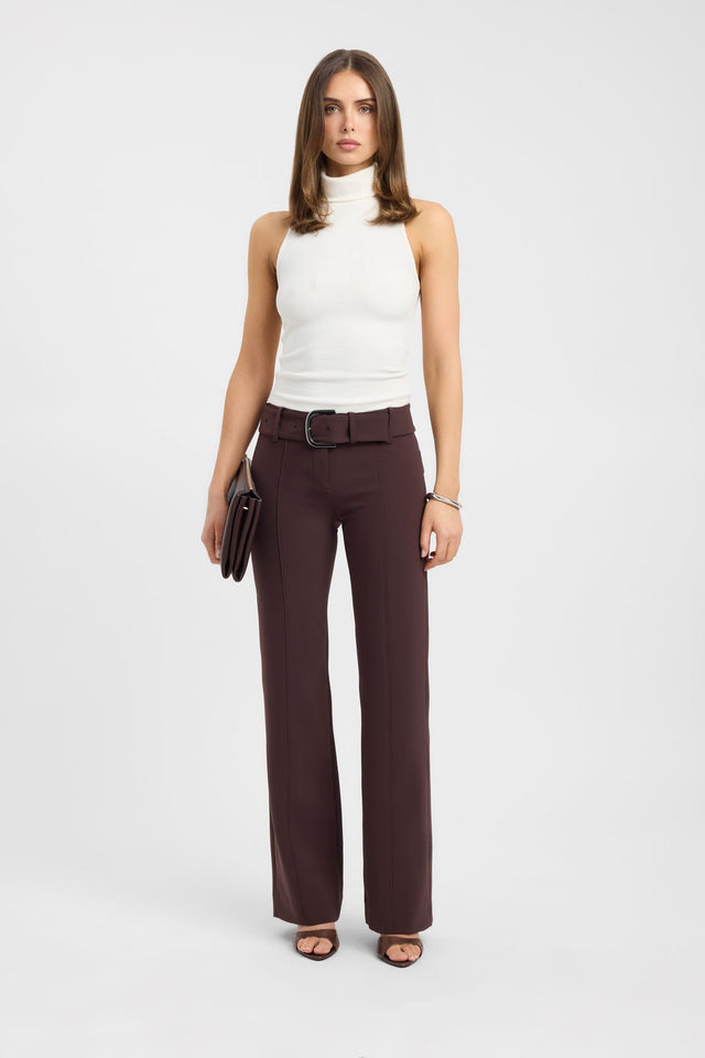 Showcasing the Alto Buckle Pant in womens regular pants with wide-leg high-rise design and saddle brown colour on-body