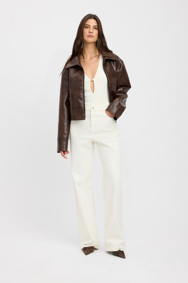front Phoenix Distressed Jacket Kookai Long sleeve Biker cropped black womens-coats-and-jackets 