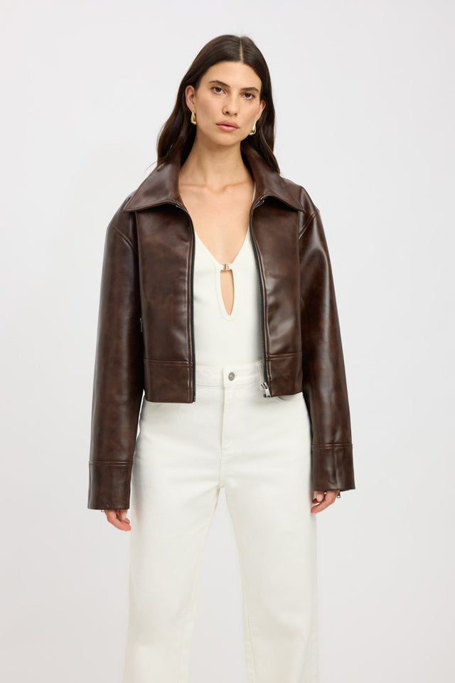 front Phoenix Distressed Jacket Kookai Long sleeve Biker cropped black womens-coats-and-jackets 