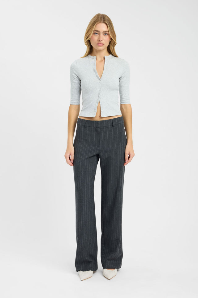 Featuring the Nat Button Top womens-blouse in light grey with fitted v-neck and half sleeves on-body