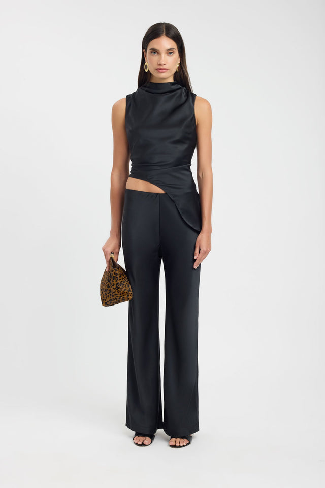 Showcasing the Palermo High Neck Top womens-blouse in black with fitted silhouette and sleeveless design front