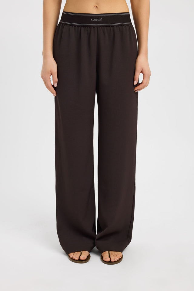 Crafted with Opal Branded Elastic Pant in womens regular pants, designed with wide-leg high-rise brown on-body